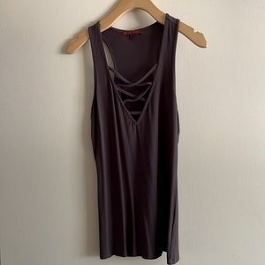 ✨2/15✨ Buckle tank top with cross cross in the front. Dark grey. EUC. Size Med.